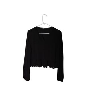 Zara Women's L Black Eyelet Peplum Button Down Long Sleeve Top
